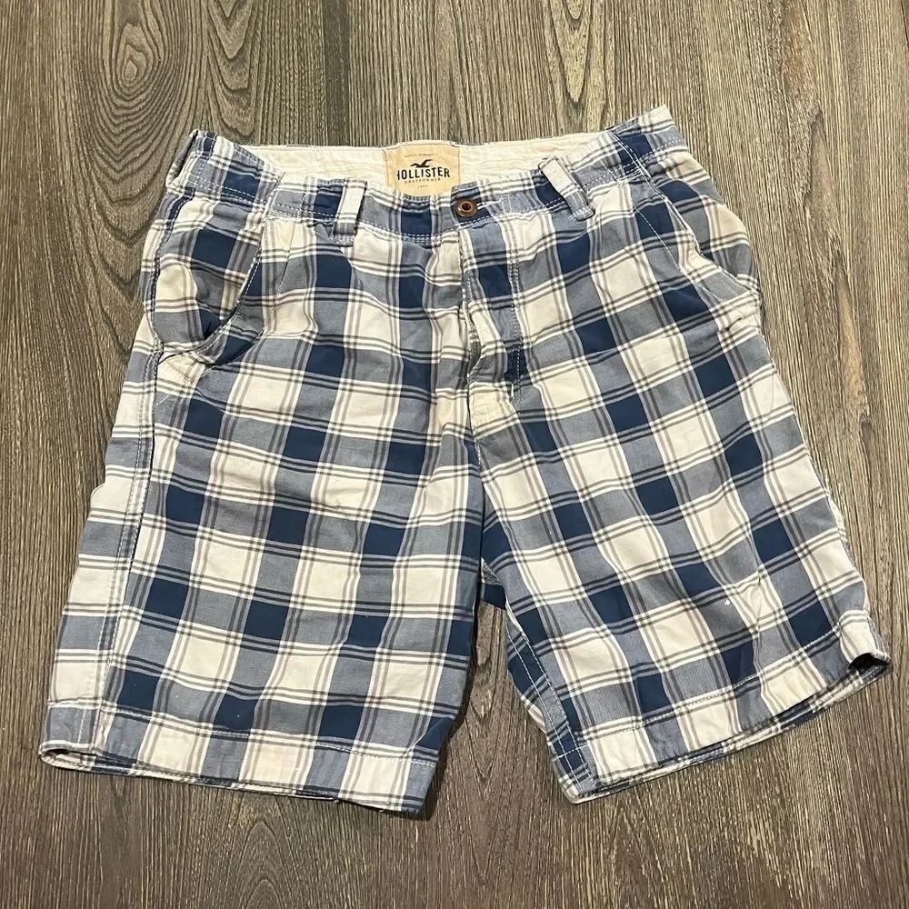 Hollister Mens Chino Shorts Plaided Button Fly Mid Rise Blue White Size 34
